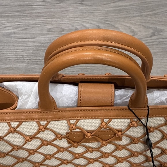 Brandon Blackwood Brand New Marcy Ave Tote Bag Camel Leather Net , Beige Linen - Picture 5 of 11